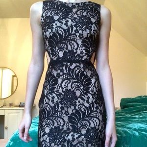 nude dress with black lace overlay